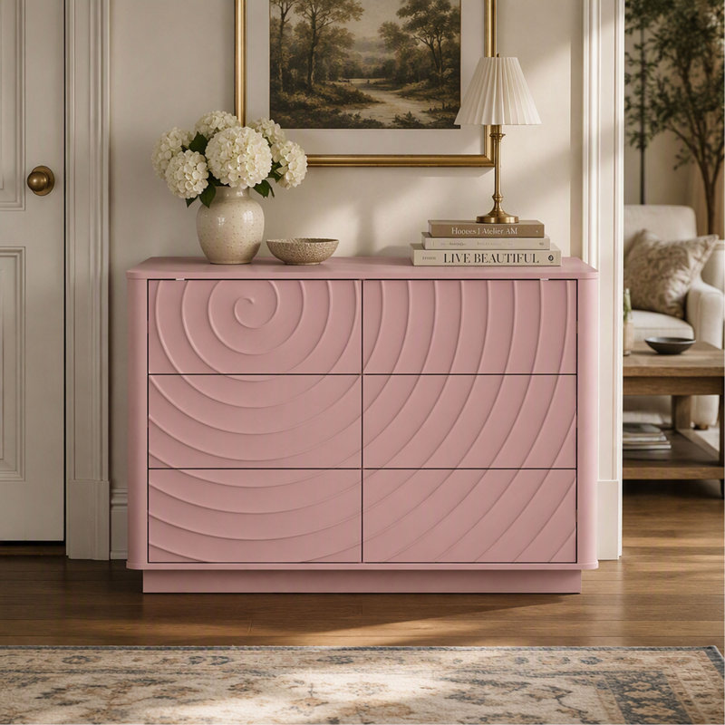 Commode à 6 tiroirs de 118 cm (46,5 pouces) au design ondulé sans poignées, meuble de rangement moderne pour chambre à coucher