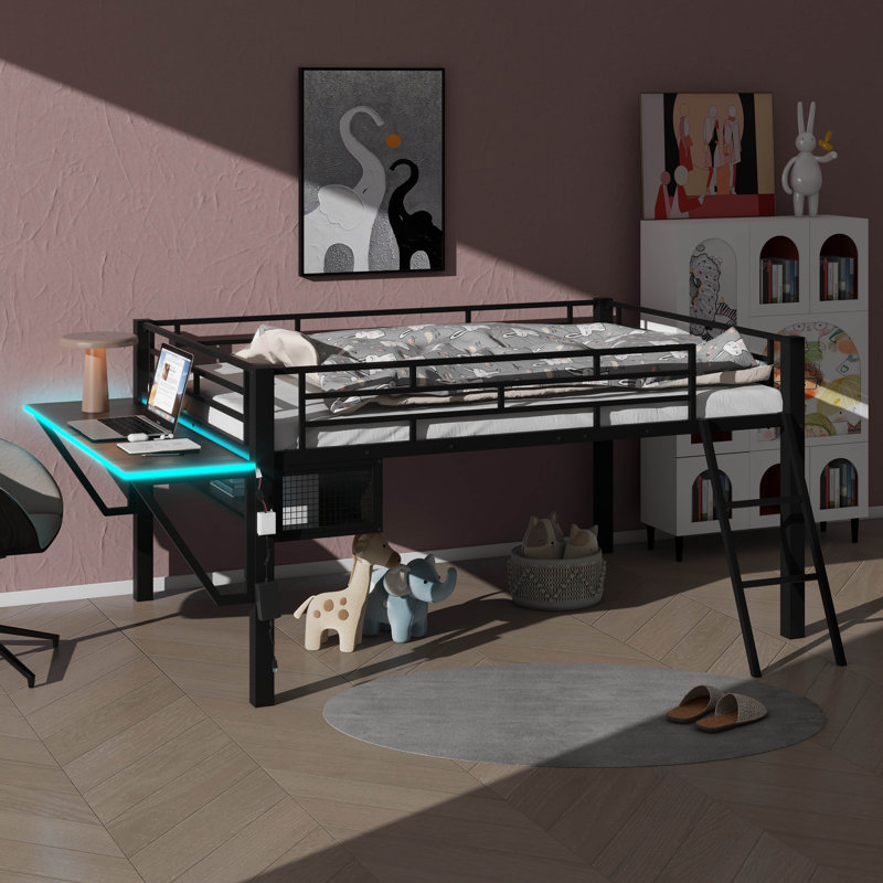 Lit mezzanine double pleine grandeur avec bureau intégré et éclairage DEL