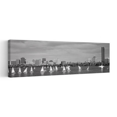 USA Massachusetts Boston Charles River View of boats on a river by a city 1 Piece Wrapped Canvas Panoramic Wall Art