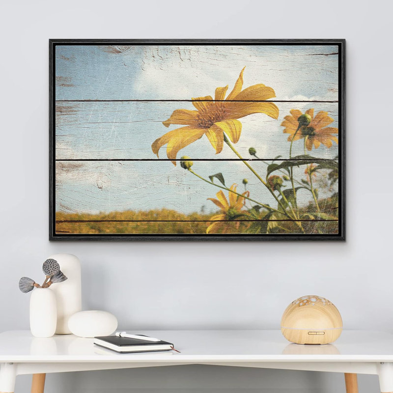 «Flower Blossom Yellow Wildflower Field» sur impression sur toile, H 16 po x l 24 po, Cadre flottant noir