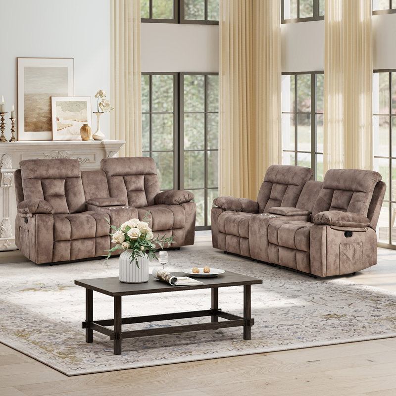 80.7" Wide Modern Manual Reclining Loveseat Sofa With Center Console, Metal Cup Holders & Storage - Plush Microfiber Fabric Theater Seating (Set Of 2)