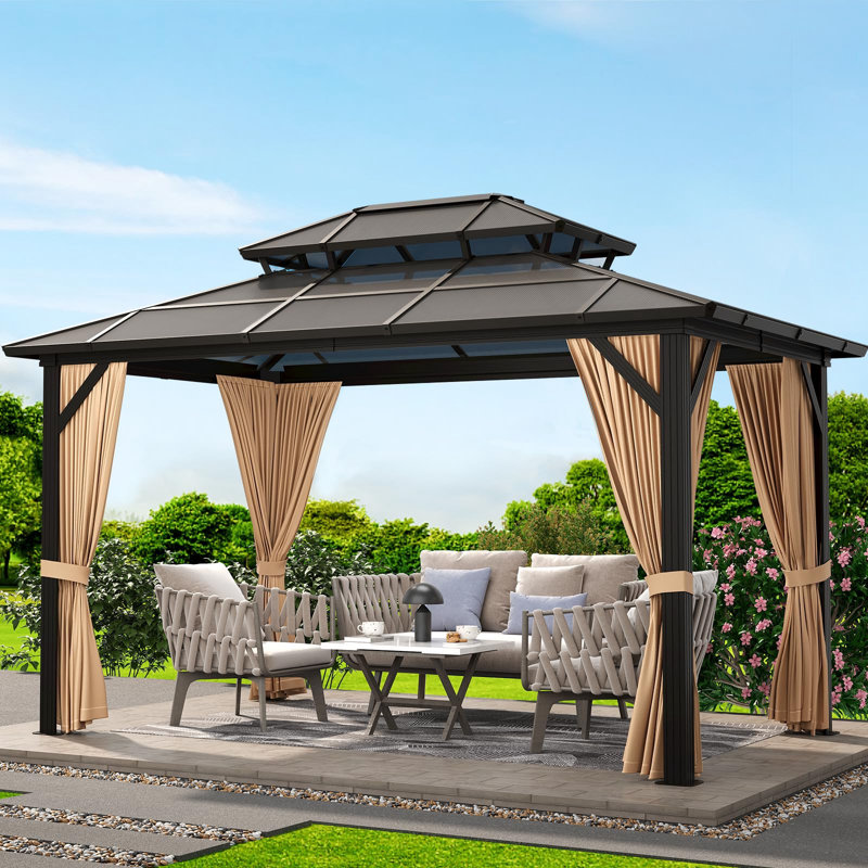 Hardtop Gazebo, With Curtains And Netting, 76.77"H x 153.54"W x 118.11"D, Coffee