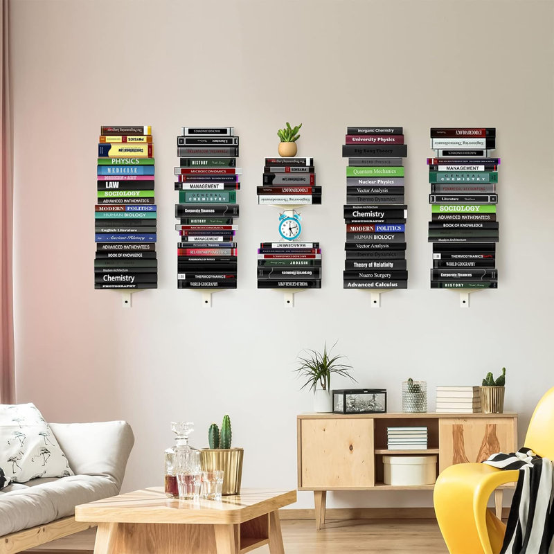 Invisible Floating Bookshelf For Wall, 4 Tier Vertical Spine Bookshelf,2 Pack Black, White