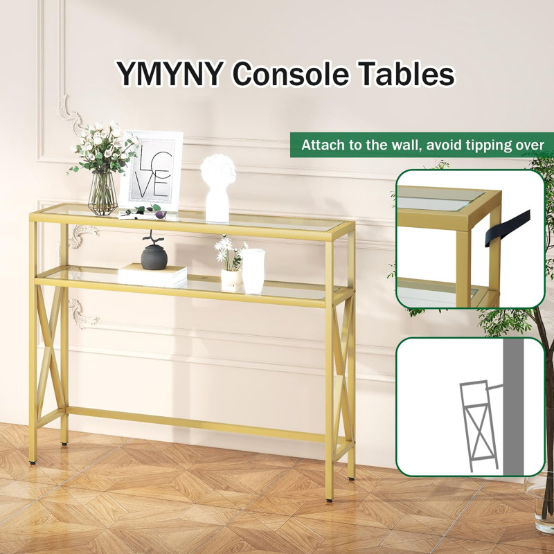 Console Table, Tempered Glass Sofa Table, Gold