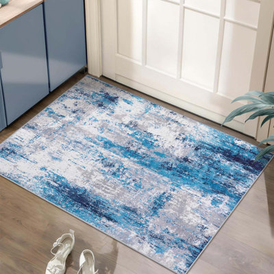 Modern Abstract Area Rug  2x3 Feet Washable Small Entryway Rugs, Non-Slip Low Pile Throw Rug, Foldable Kitchen Bathroom Rugs, Grey Blue Floor Carpet For Entrance Bedroom Indoor Doormat