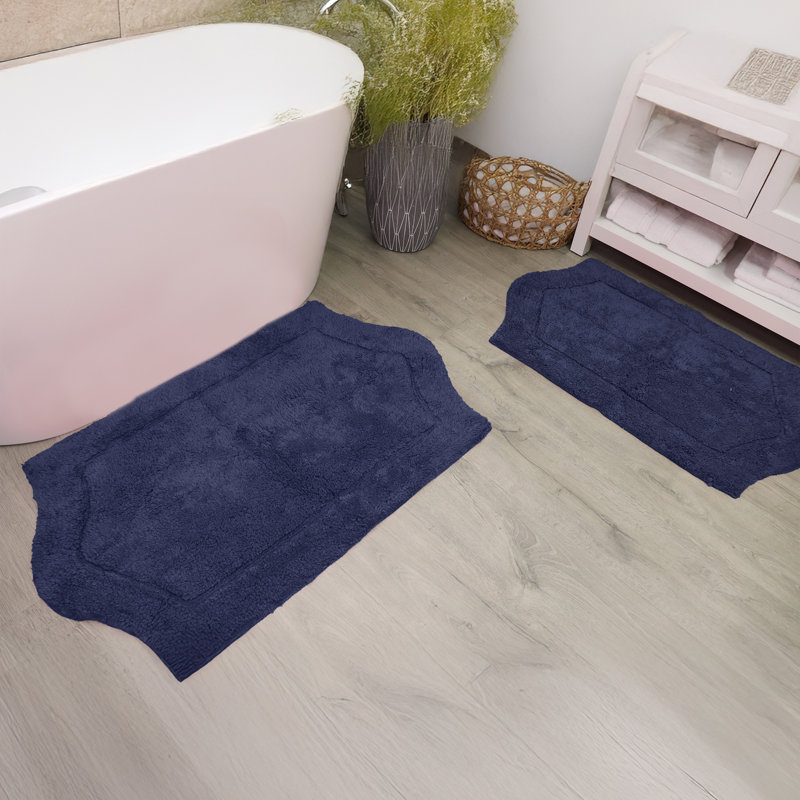 Morissette 100% Cotton Bath Rug, Non-slip, Absorbent, Machine Washable, Quick Dry 2 PCs set (21x34 / 24x40), Marine