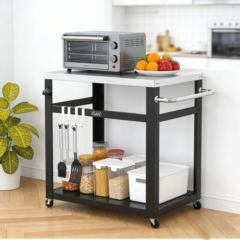 Table de préparation pour barbecue 30 po x 20 po avec chariot en acier inoxydable avec plateau en acier inoxydable, station de préparation à roulettes robuste avec crochets et roulettes pour gril, plaque chauffante et four à pizza