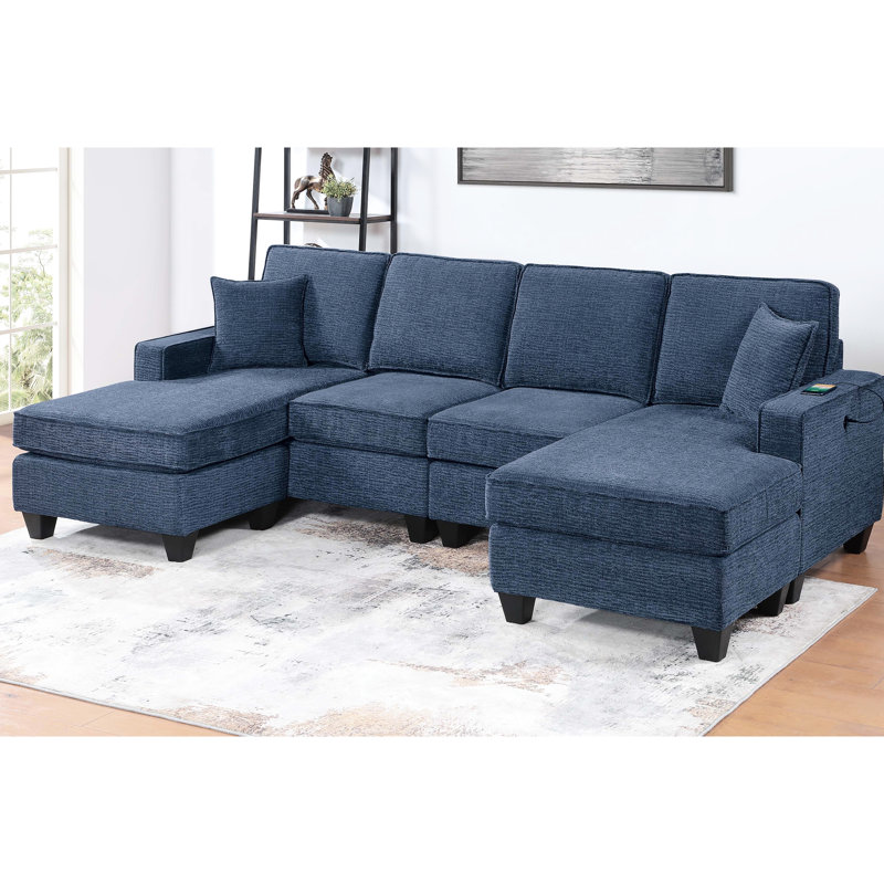 Canapé d'angle bleu foncé 3 places en chenille avec méridiennes à droite et à gauche, sans accoudoirs, idéal pour un confort optimal dans votre salon.