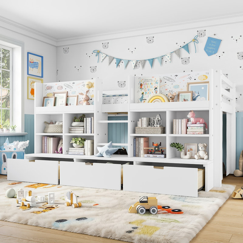 Lit mezzanine avec tablettes et rangements multiples, Blanc