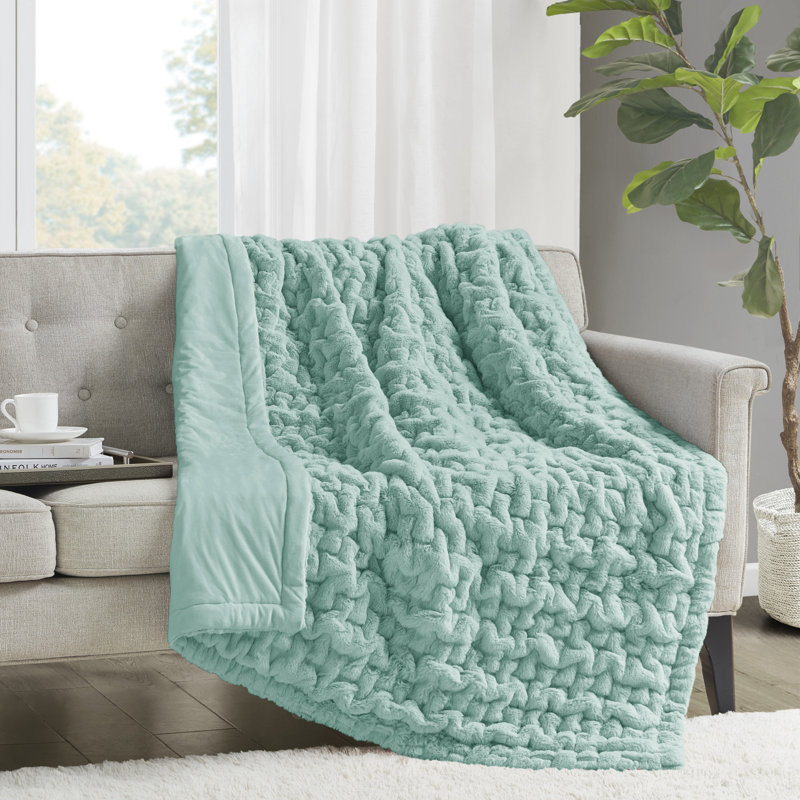 Aqua Ruched Faux Fur Reversible Throw Blanket 50x60"
