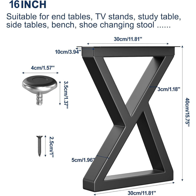 Banc en métal 16 po, pieds de table de bout noirs (H 16 x l 11,8, ensemble de 2)