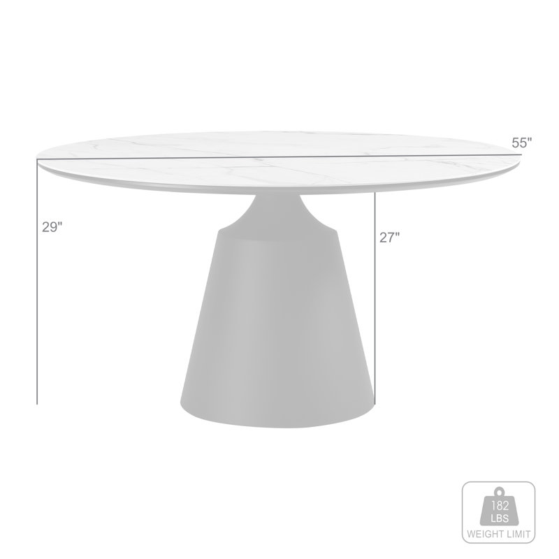 Crebessa 55" Round Modern Pedestal Dining Table with Stone Top and Black Metal Base