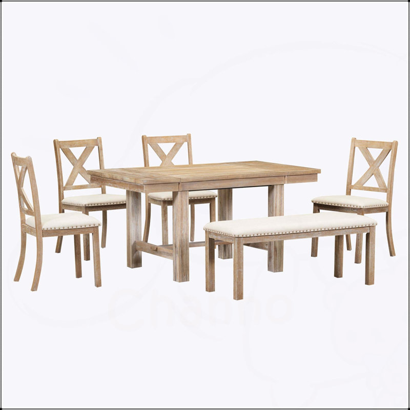 Ensemble de salle à manger extensible Farmhouse 82 pouces avec 4 chaises rembourrées, banc et rallonges amovibles pour plus de confort et de style