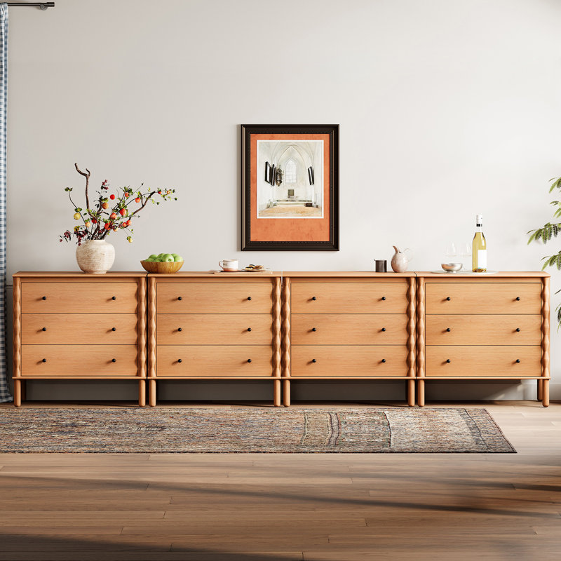 Buffet Greeta à 12 tiroirs avec pattes en bois massif, couleur noyer, Noyer