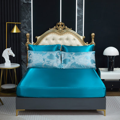Jacquard Comforter Set King Size Bedding with Peacock Green Satin Sheet Set 8 Pcs Royal Embroidery Neoclassical Floral Home Decor Soft Luxury Hotel Bed in a Bag with 1 Cushion Cover