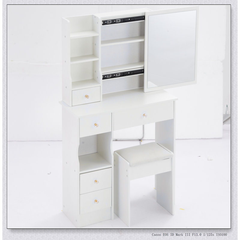 Table de coiffeuse compacte avec grand miroir coulissant, rangement multicouche et tabouret rembourré pour les petits espaces