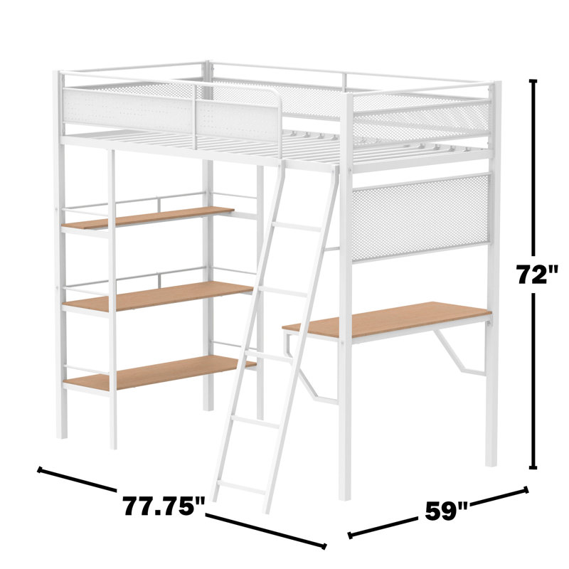 Lit simple blanc mat avec mezzanine et poste de travail à 3 tablettes, structure en métal, placage d'aspect bois, panneaux de maillage de taille non requise, sommier tapissier, design