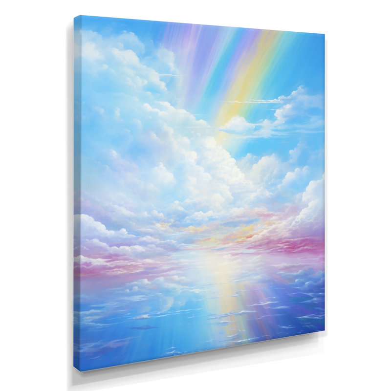 Rainbow In Pink Clouds Blue Sky - nuages, art mural, H 32 po x l 16 po x P 1 po, Toile tendue
