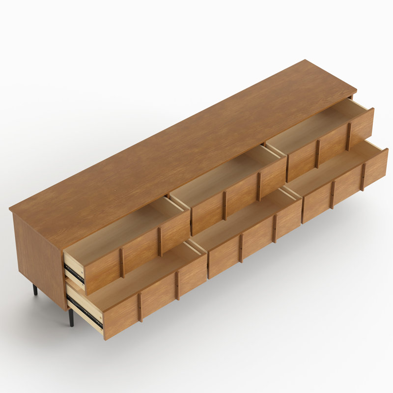 Meuble télé en bois massif de 220 cm (86,61 po) pour téléviseurs jusqu'à 229 cm (90 po), avec 6 tiroirs, pieds en métal et système de gestion des câbles.
