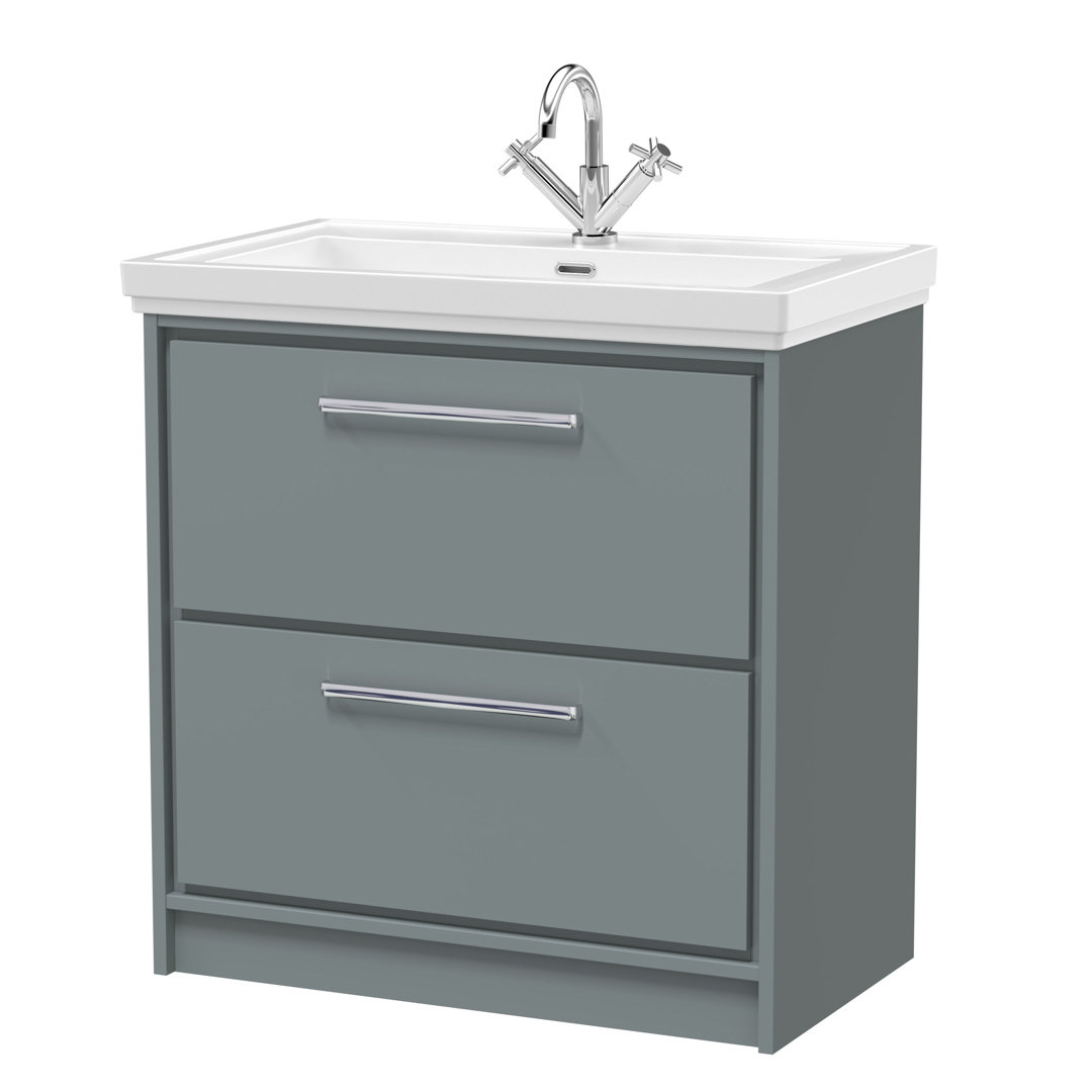 Hudson Reed Lille 600mm Fern Green 2 Drawer Floor Standing Vanity Unit With 1 Tap Hole Fireclay Basin