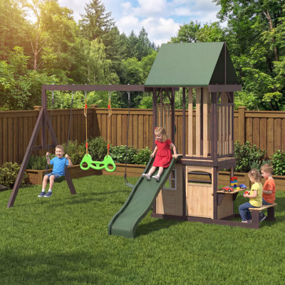 Swing Sets for Backyard, Kids Outdoor Play Equipment, Swing Set with Wave Slide,  Belt Swings