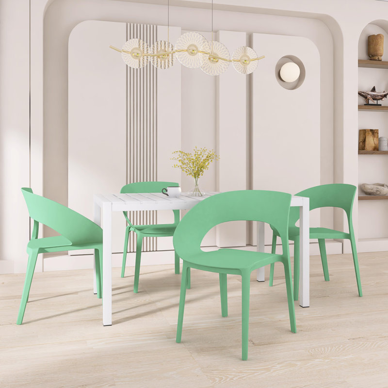4-Person Patio Dining Set, Indoor & Outdoor Polypropylene Side Chairs with White Rectangular Table - Lightweight PP Tabletop with Metal Legs