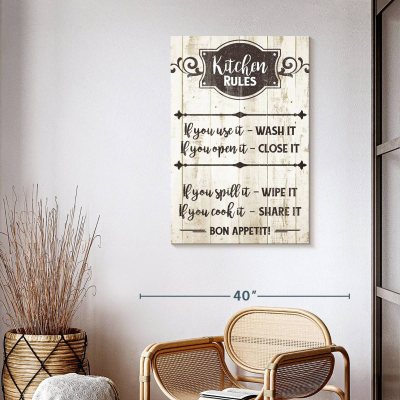 "Kitchen Rules", art textuel sur toile tendue, H 39 po x l 26 po x P 1,25 po