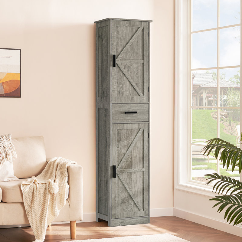 Grande armoire de salle de bain avec 4 tablettes, 2 portes et 1 tiroir, gris