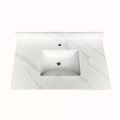 Plateau de meuble-lavabo en quartz de 37 po, lavabo central encastré à simple cuve de 3/4 po d'épaisseur, dosseret de 4 po de hauteur, 1 trou de robinet pré-percé, résistant aux taches et à la chaleur, quartz blanc de Carrare avec veines