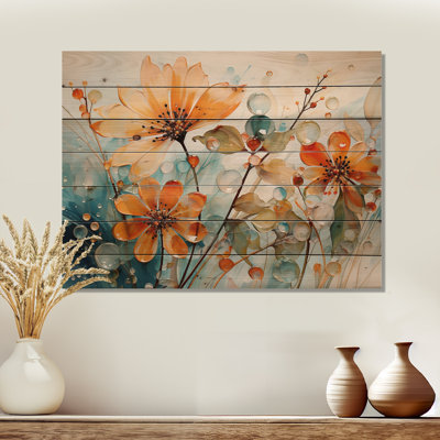 Pêche, botanique transparente, élégance florale - Plantes, art sur bois de pin naturel