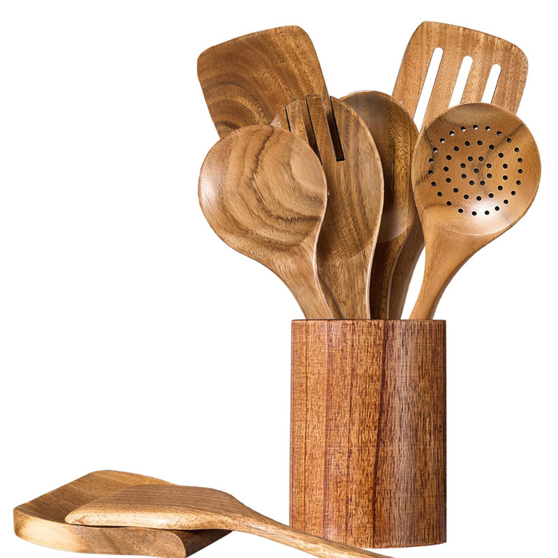 Ensemble d'ustensiles de cuisine en bois 9 pièces, résistant à la chaleur antiadhésif, écologique, teck clair