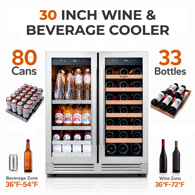 30" Dual Zone Wine & Beverage Cooler, 6 Cu.Ft., 33-Bottle & 80-Can, Built-In & Freestanding Refrigerator, 36–72°F, Amber/Blue/White LED, 9-Adjustable Shelves, Anti-Fingerprint, Hidden Hinges, Carbon Filter, Compressor & Fan Cooling Wine Fridge