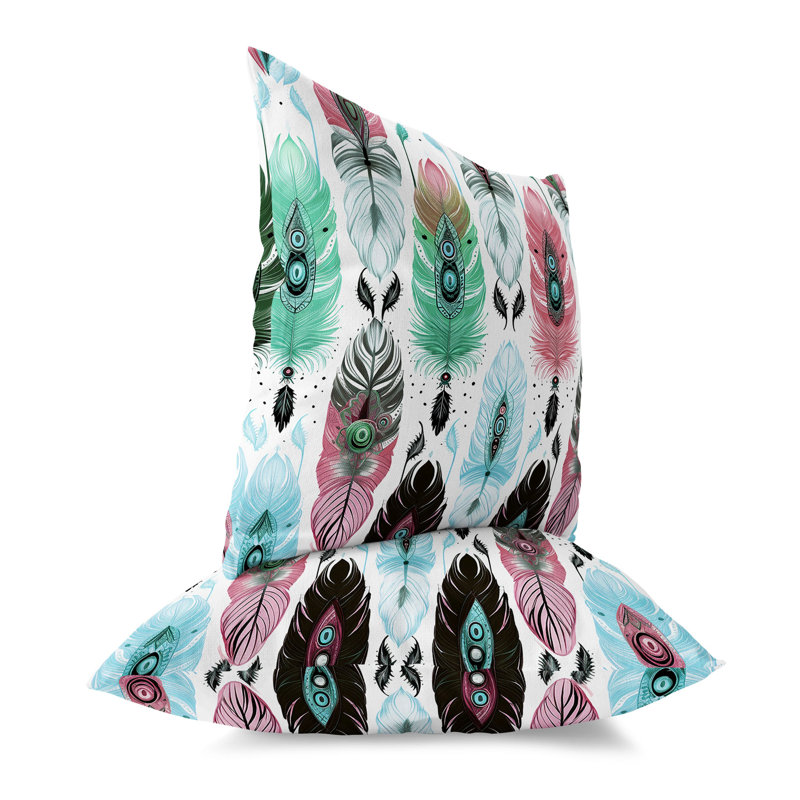 Vibrant Feather Design Green and Pink Square Throw Pillow