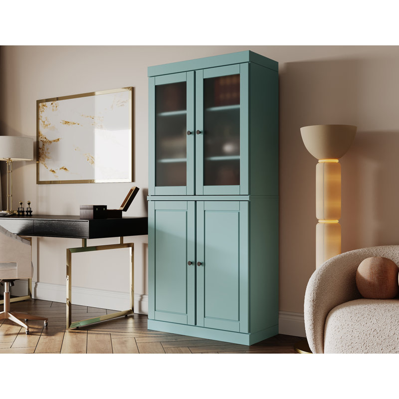 Vananh 100% Solid Wood 6-Shelf Bookcase with Solid, Frosted Glass Doors and Adjustable Shelves, Aqua Blue