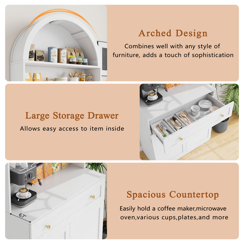 70" Tall Arched Kitchen Pantry, Modern Kitchen Storage Cabinets with Open Shelves