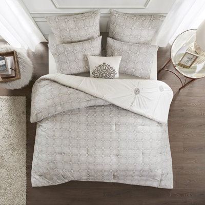 6 Piece Embroidered Cotton Reversible Comforter Set Ivory King/Cal King
