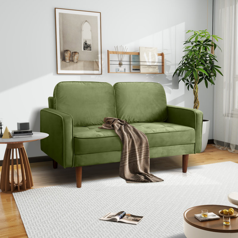 Muneef Corvettta 57.5"  square armrest pull-button double velvet couch, Army Green