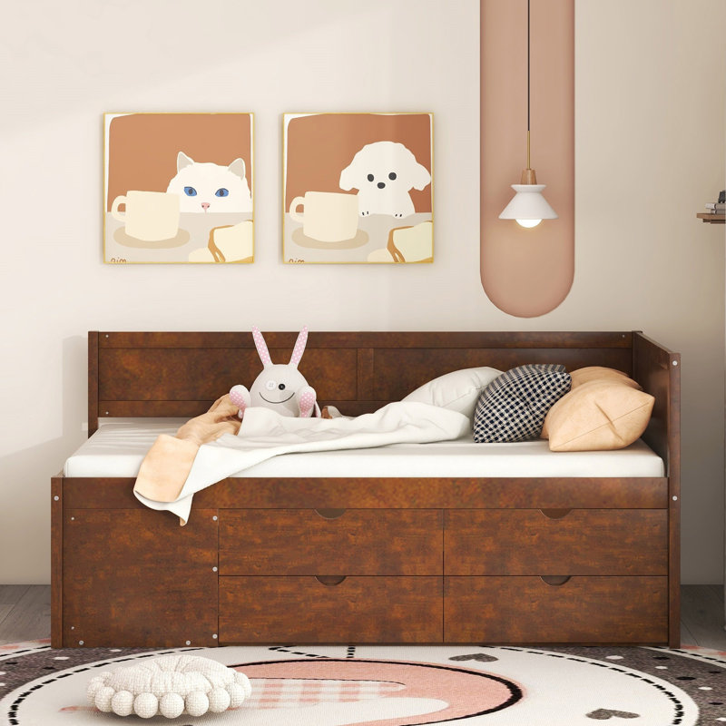 Twin Size Daybed With Drawers And Shelves, Walnut, Twin