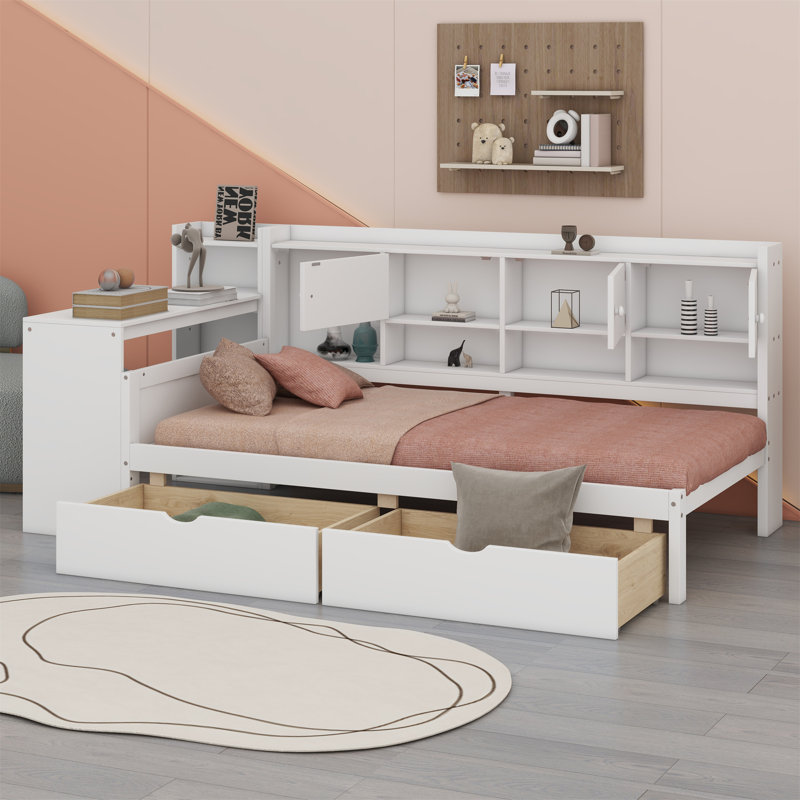Wooden L-Shape Daybed With Storage Cabinets And Two Storage Drawers, Multi-Functional Bed With Study Desk And Built-In Bookshelf