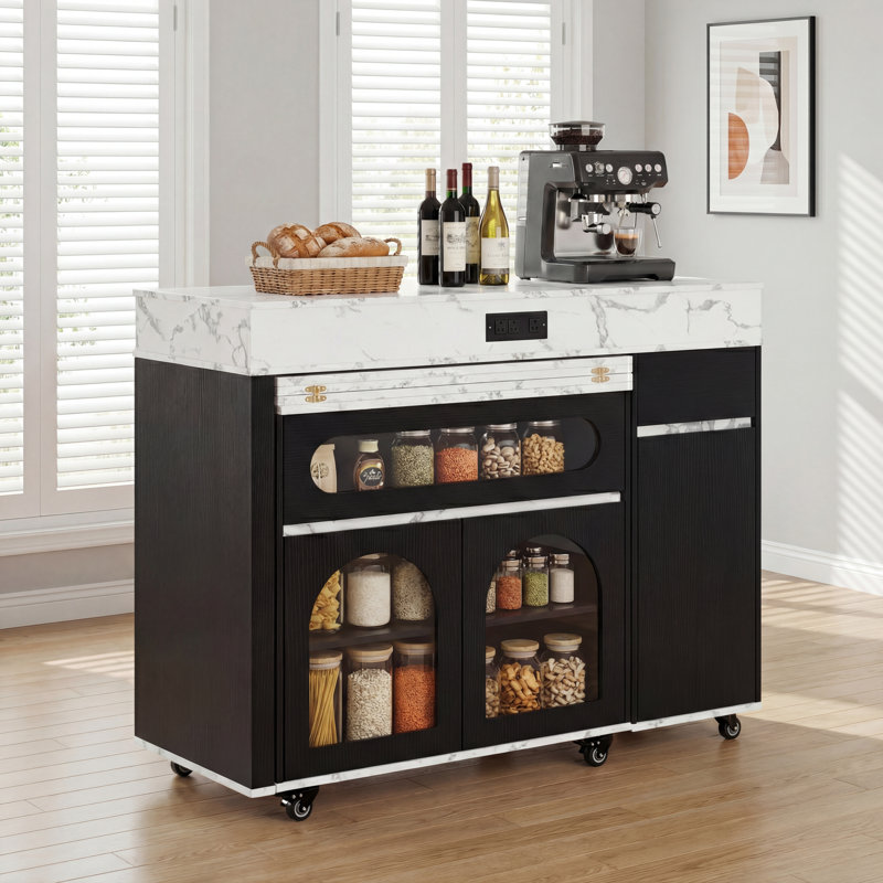 Extendable Rolling Kitchen Island Dining Table with Folding Top, Drawers, Power Outlet & Brake Lock, Storage Cabinet