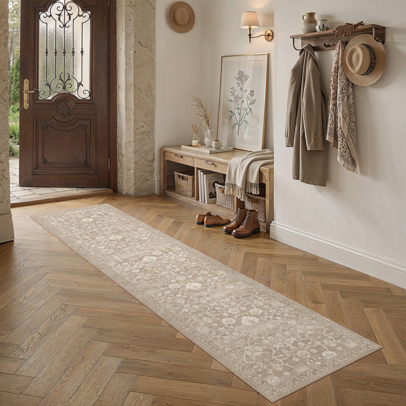 Tapis lavable à motif floral rétro Avella avec envers antidérapant, Beige, Runner 2' x 8'