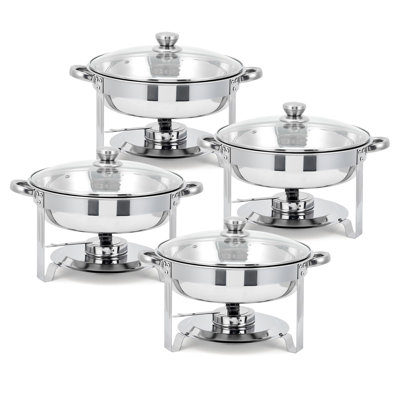 Solution professionnelle de maintien au chaud pour buffets - Ensemble de 4 plats ronds en acier inoxydable de 5 pintes avec couvercles en verre, porte-combustibles, bacs à aliments et à eau - Idéal pour les traiteurs et les réceptions - Chauffe-plats commerciaux