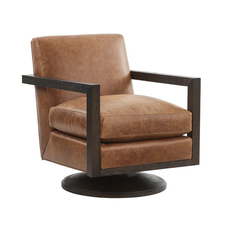 Handcrafted Arrowleaf Leather Swivel Armchair with Wood Frame