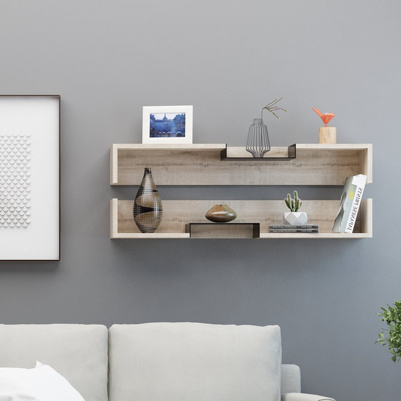 Tablette décorative 2 pièces avec tablettes réglables Abdella, Chêne