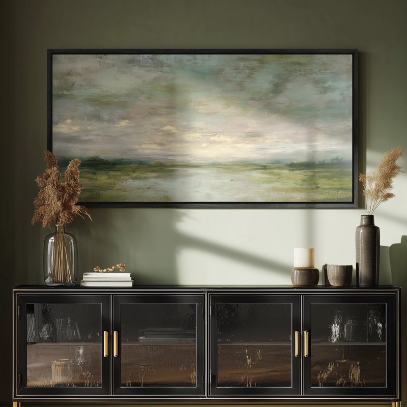 «Calm Pastel Open Field Horizon for Living Room», impression murale, H 30 po x l 60 po, Noir
