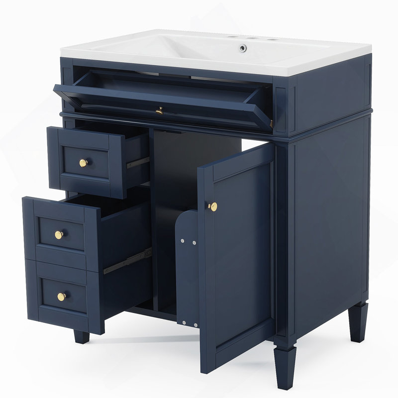 Meuble-lavabo de salle de bain avec lavabo, armoire de rangement de salle de bain avec tiroir basculant, lavabo simple, Bleu