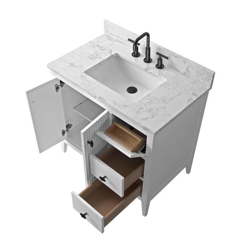 Laval 36" Single Sink Freestanding Bathroom Vanity with Engineered Marble Top, Linear White, Matte Black