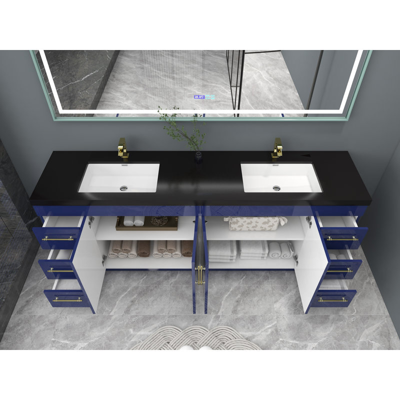 Ensemble de meuble-lavabo double 84 po Campney, Or mat, Bleu nuit brillant