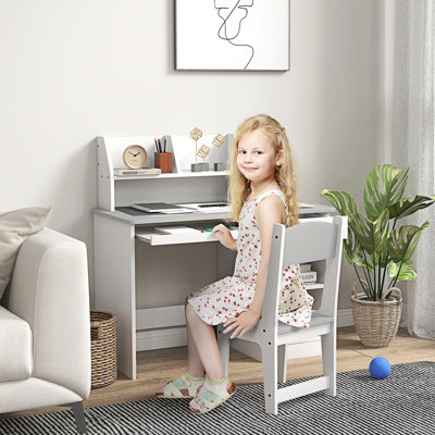 Qaba Kids Desk And Chair Set With Storage, Study Desk With Chair For Children 5-8 Years Old, Gray