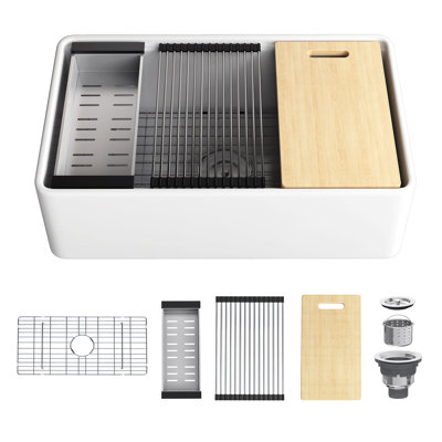 33"L x 20"W Fireclay Farmhouse Kitchen Sink Rectangular Apron-Front Deep Workstation Sink with Cutting Board and Dish Drying Rack